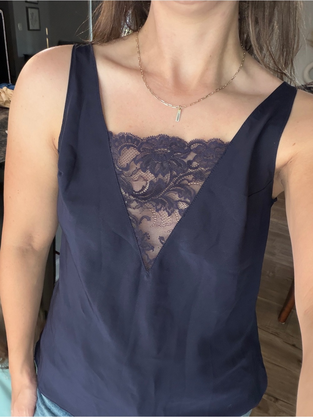 Vintage Olga Navy Blue Lace-Trim Camisole Tank